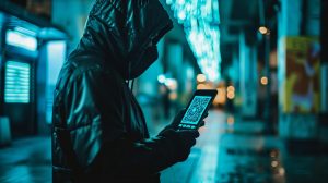 Hacker se smartphonem v ruce, QR kód na displeji