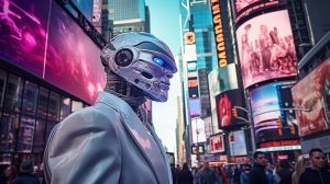 Humanoid v ulicích města New York (ilustrační obrázek)