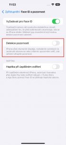 Návod, jak najít funkci Detekce pozornosti v iOS