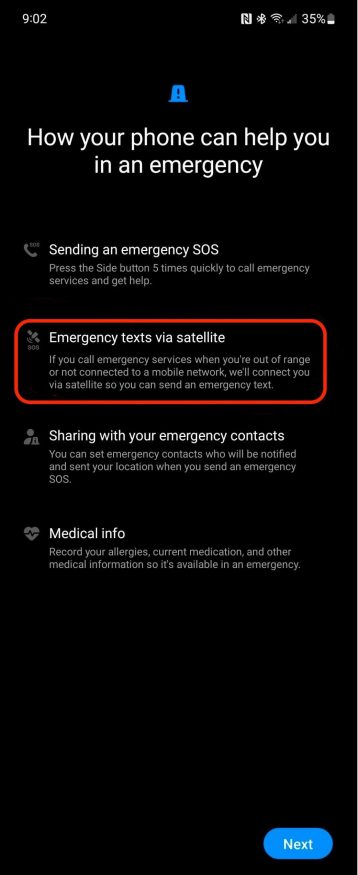 Snímek obrazovky se satelitní komunikací u Galaxy S24