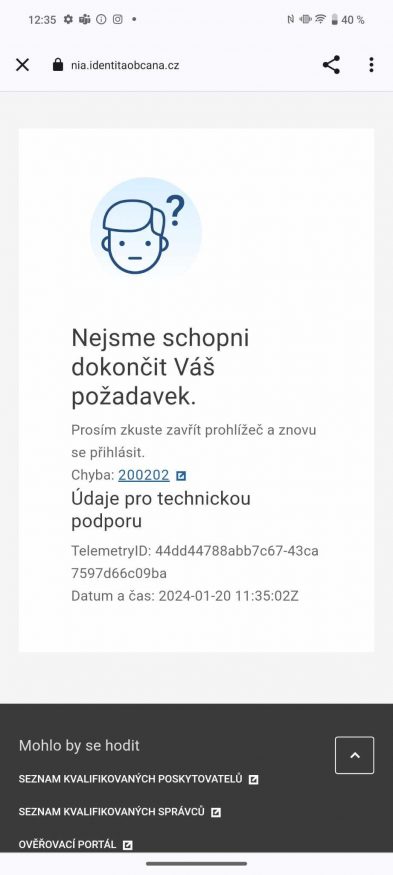 Snímek obrazovky nefunkční aplikace eDoklady