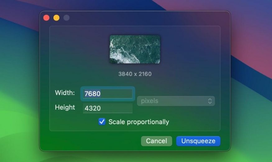 Nastavení rozlišení videa v aplikaci Unsqueeze pro macOS