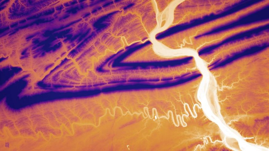 Digitální výškový model řeky Susquehanna u Harrisburgu v Pensylvánii získaný pomocí lidaru (ilustrační obrázek).