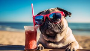 Mops se slunečními brýlemi, který pije na pláži koktejl