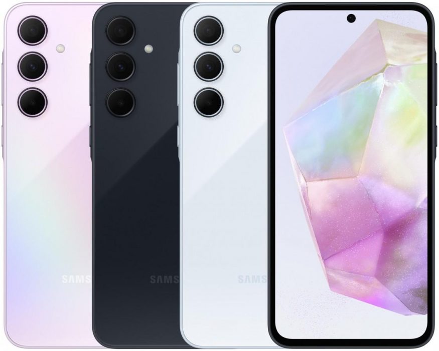 Samsung Galaxy A35 na tiskovém snímku ve třech barvách