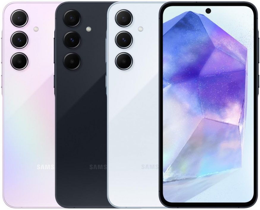 Samsung Galaxy A55 na tiskovém snímku ve třech barvách