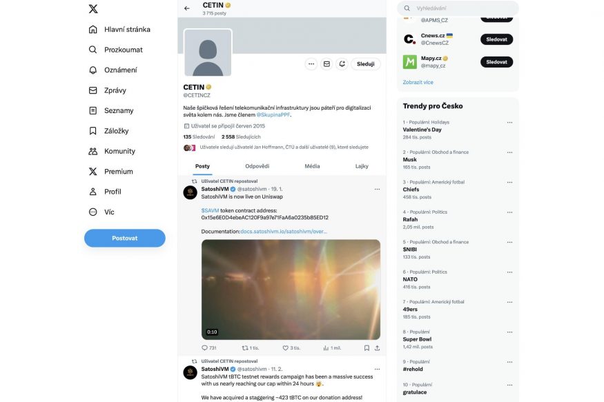 Napadený profil Cetinu na síti X