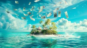 Ostrov v moři, na který se z oblohy snáší dolarové bankovky