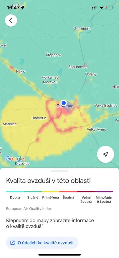 Kvalita ovzduší podle Google Map