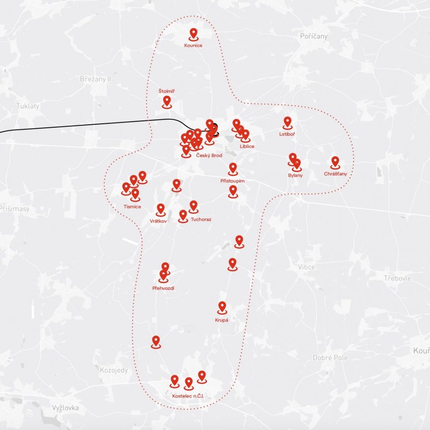 Mapa Českobrodska, kde budou od července jezdit poptávkové autobusy