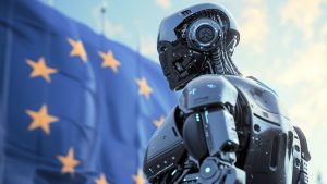 Robot, umělá inteligence s vlajkou Evropské unie