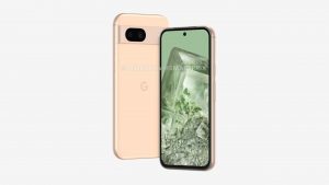 Google Pixel 8a v růžovo-béžové barvě na tiskovém snímku