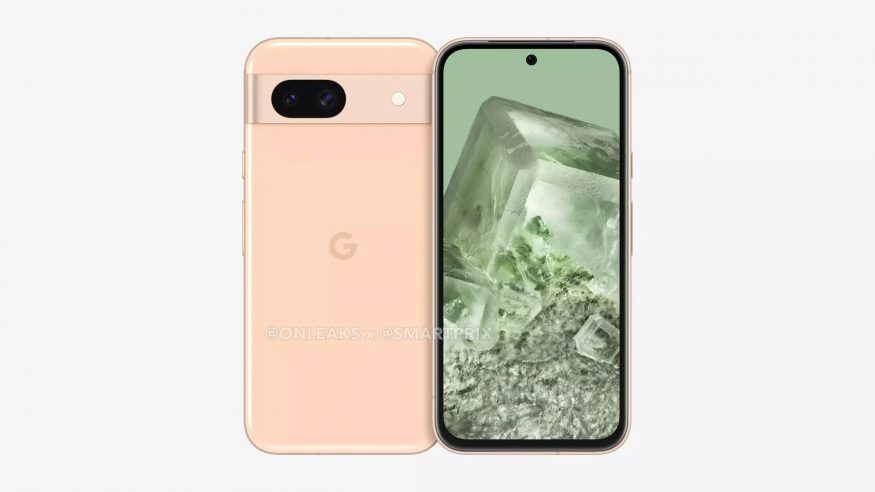 Google Pixel 8a v růžovo-béžové barvě na tiskovém snímku