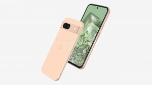 Google Pixel 8a v růžovo-béžové barvě na tiskovém snímku