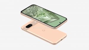 Google Pixel 8a v růžovo-béžové barvě na tiskovém snímku