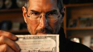 Steve Jobs držící v ruce šek