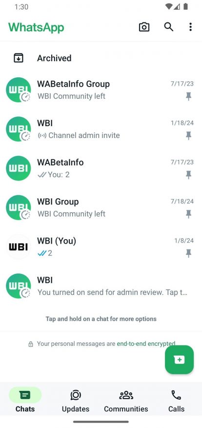 Pět připnutých konverzací v aplikaci WhatsApp