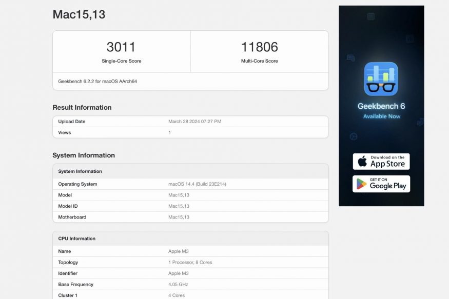 Test Geekbench v6 na MacBooku Air M3
