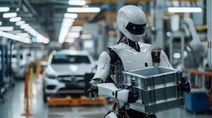 Humanoidní robot v továrně na výrobu automobilů (ilustrační obrázek)