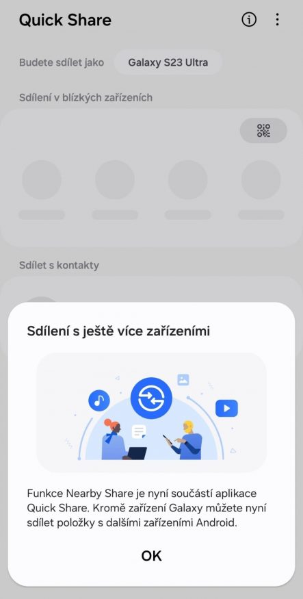 Funkce Quick share pro rychlé sdílení