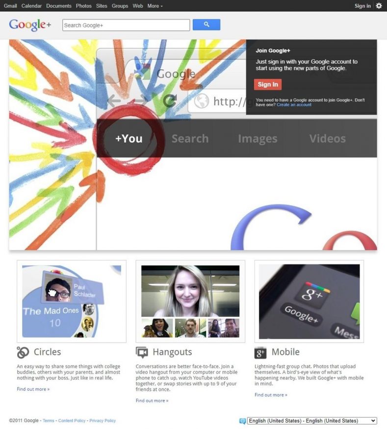 Domovská stránka sítě Google Plus z roku 2011