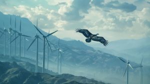 Kondor letící u větrných elektráren (ilustrační obrázek)