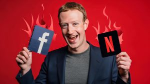 Mark Zuckerberg drží logo Facebooku a Netflixu