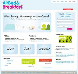Webové stránky aplikace Airbnb v roce 2008