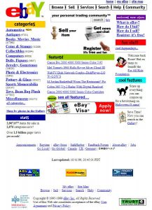 Webová stránka aukční síně eBay v roce 1999