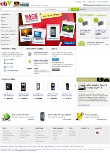 Webová stránka aukční síně eBay v roce 2011