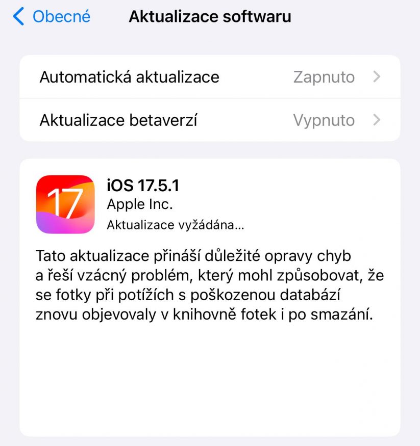 Nová aktualizace iOS 17.5.1 opravuje nepříjemný bug Nová aktualizace iOS 17.5.1 opravuje nepříjemný bug