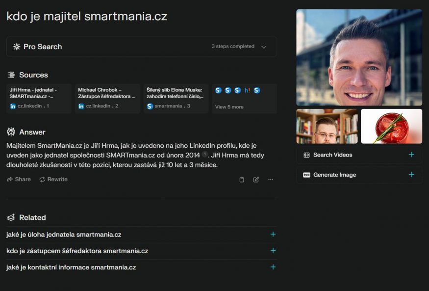 Vyhledávací dotaz v češtině. Odpověď Perplexity ale není úplně přesná, jelikož Jirka Hrma SMARTmanii provozuje už od roku 2005. Vyhledávací dotaz v češtině. Odpověď Perplexity ale není úplně přesná, jelikož Jirka Hrma SMARTmanii provozuje už od roku 2005.