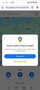 Přestože jsem zvolil Pokračovat, Mapy se spustili ve webovém prohlížeči