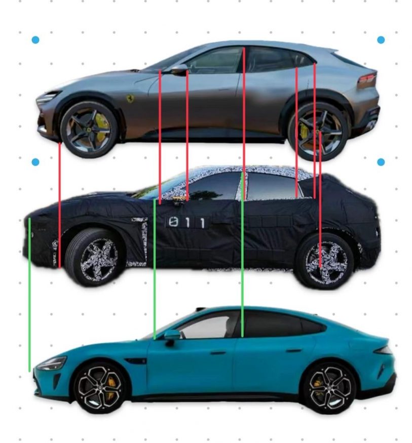 Srovnání podoby elektromobilů od Xiaomi a luxusního SUV od Ferrari
