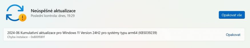 Chyby ve Windows 11 pro ARM