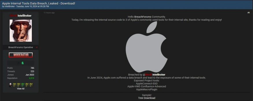 Příspěvek hackera IntelBroker na fóru BreachForums na dark webu