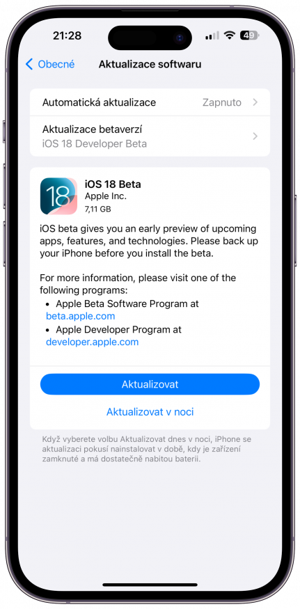 První vývojářská beta verze iOS 18 už je dostupná ke stažení První vývojářská beta verze iOS 18 už je dostupná ke stažení