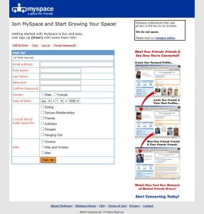 Webové stránky sociální sítě MySpace v roce 2003