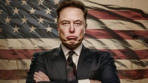 Naštvaný Elon Musk před vlajkou USA (ilustrační obrázek)