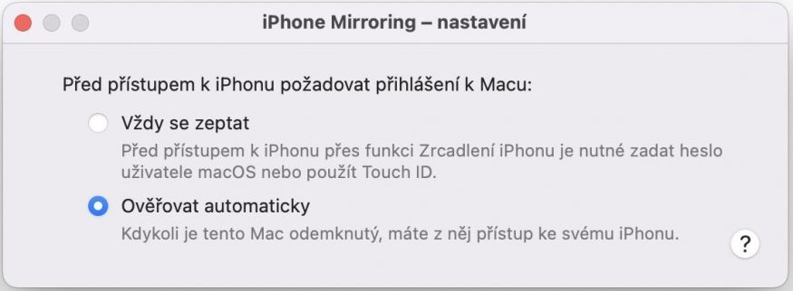 iPhone Mirroring macOS nastaveni