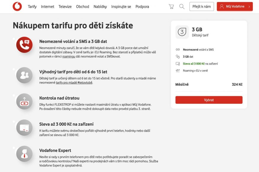 Dětský tarif operátora Vodafon