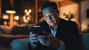 Miliardář Elon Musk sledující chytrý telefon