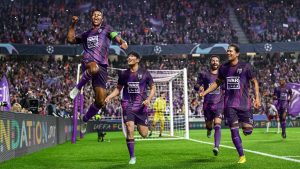 Fotbalisté oslavují vstřelenou branku ve hře Fooball Manager