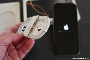 Opletený USB-C kabel a sponka na vyjmutí nanoSIM. Více v balení nečekejte, chybí i oblíbené Apple samolepky.