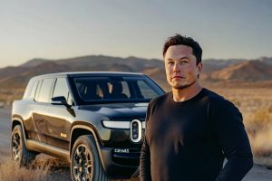Elon Musk stojící před vozem Rivian (ilustrační obrázek)