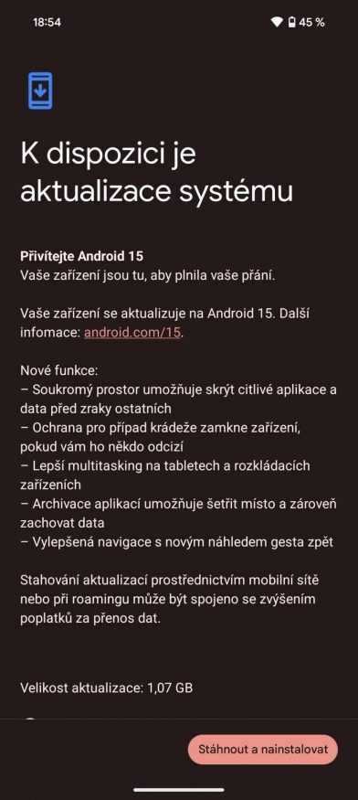 Aktualizace smartphonu Pixel 9 na Android 15