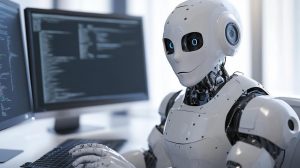Robot sedící za počítačem