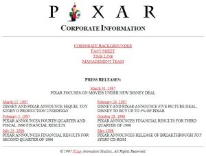 Webové stránky studia Pixar v roce 1997