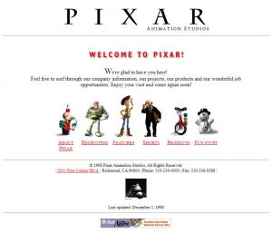 Webové stránky studia Pixar v roce 1998