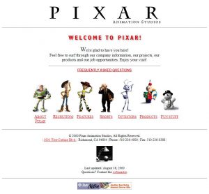 Webové stránky studia Pixar v roce 2000